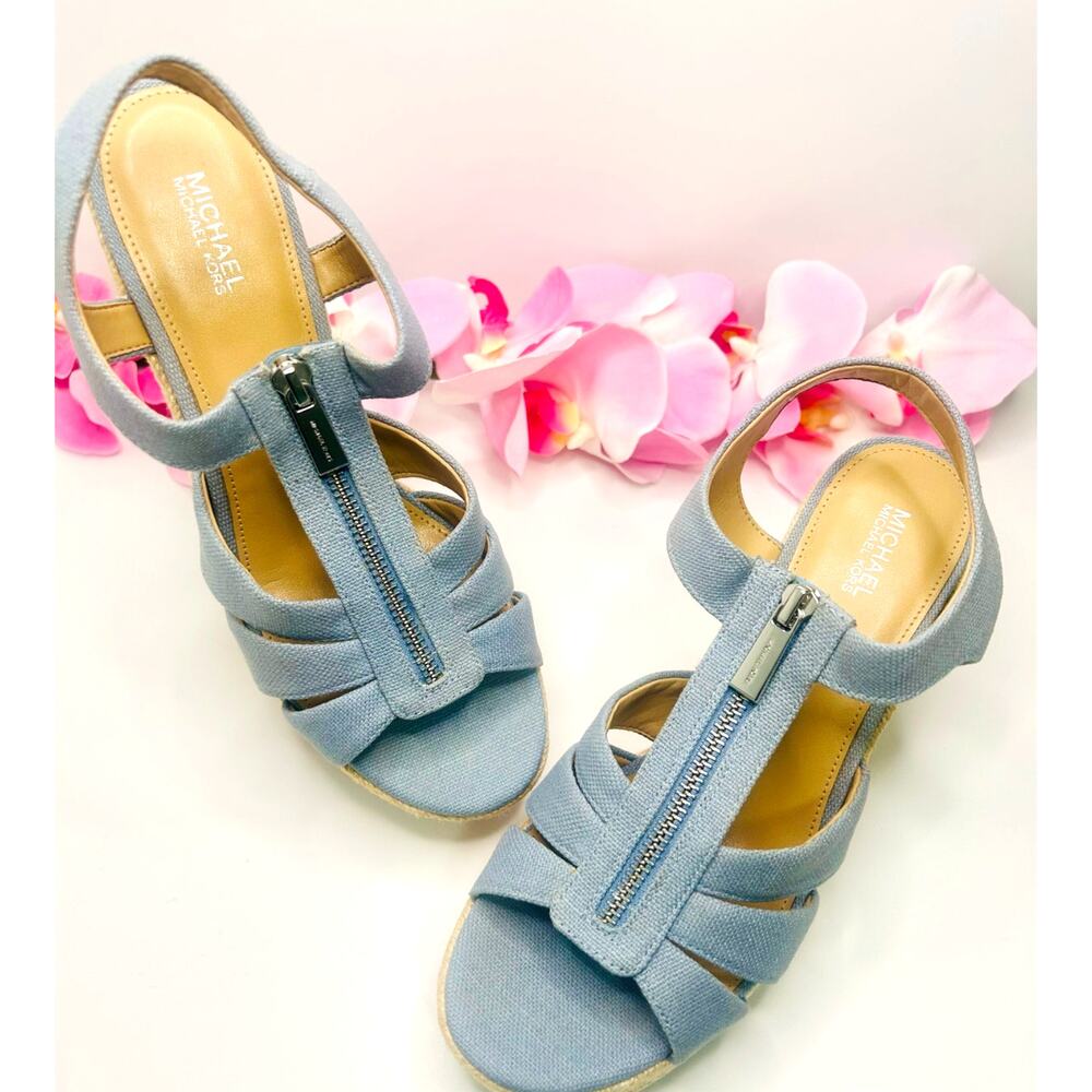 Michael Kors Berkley Espadrille Wedge Sandals 8.5M Blue Linen Zip Platform - Picture 9 of 17